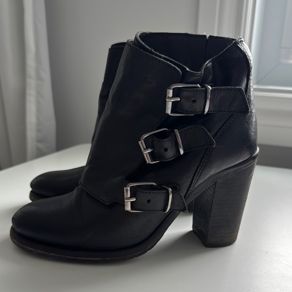 All Saints Black Heeled Boots with Buckle Straps